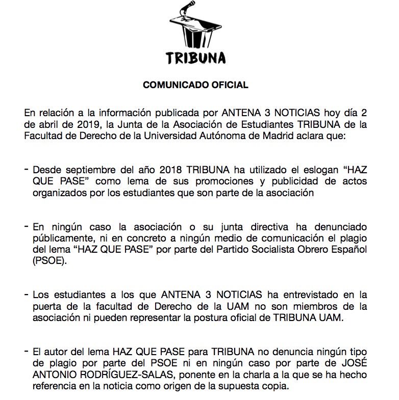 tribuna_UAM's tweet photo. Desde Tribuna UAM y en relación con la noticia de Antena 3, en el cual se difunden unas declaraciones en nuestro nombre que no hemos dado, queremos hacer el siguiente COMUNICADO: https://t.co/rJkEMhOlPw