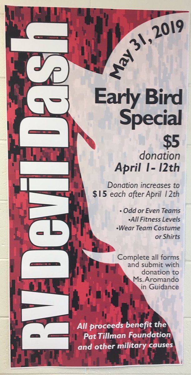 rvdevildash's tweet photo. Don’t miss out on our EARLY BIRD SPECIAL! Forms available in guidance or in bins around the school! #RedDevilNation @pattillmanfnd @PrincipalRVRHS https://t.co/pvUH7K5NPN