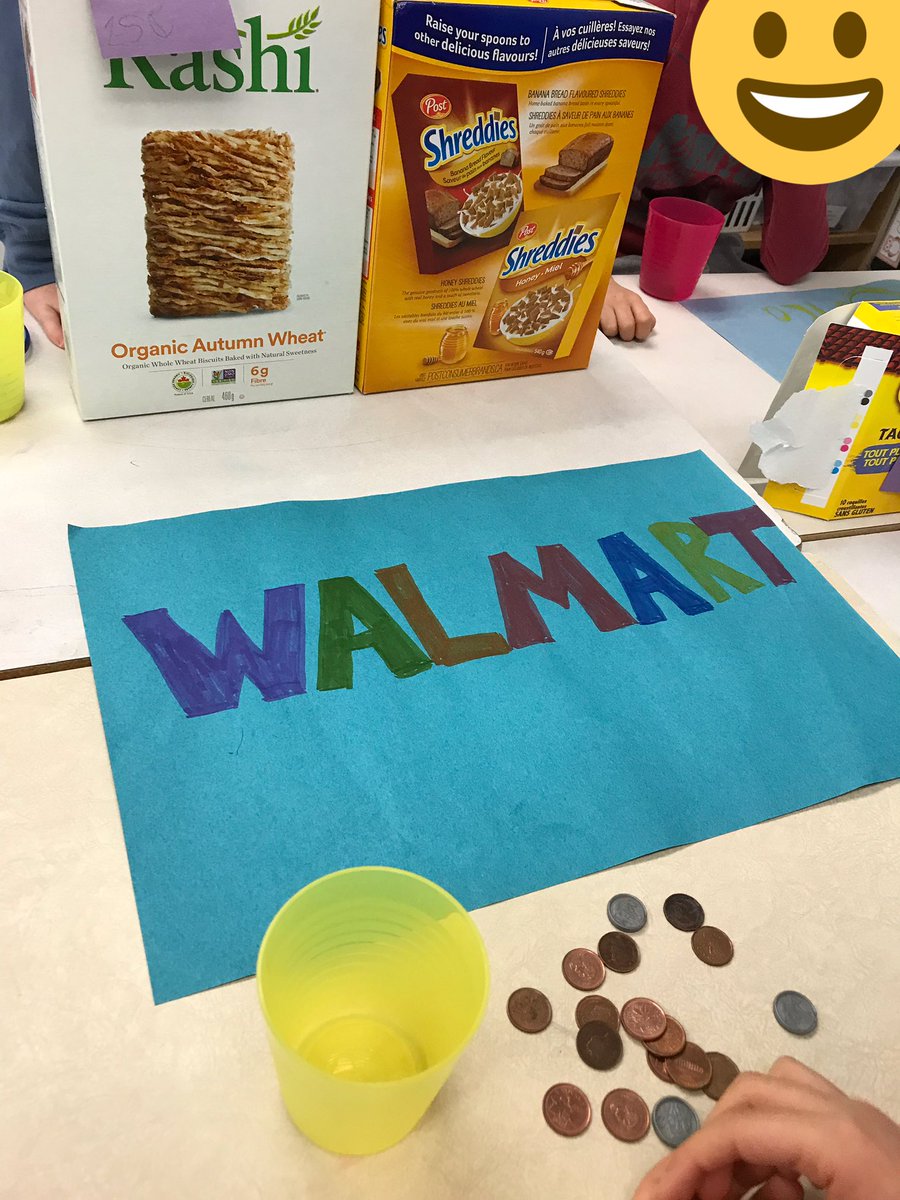 a_smithed's tweet photo. Practicing buying and selling products by making our own stores. Grade 1s showing their knowledge of money, addition and subtraction. #HandsOnMath https://t.co/an268ezNLI