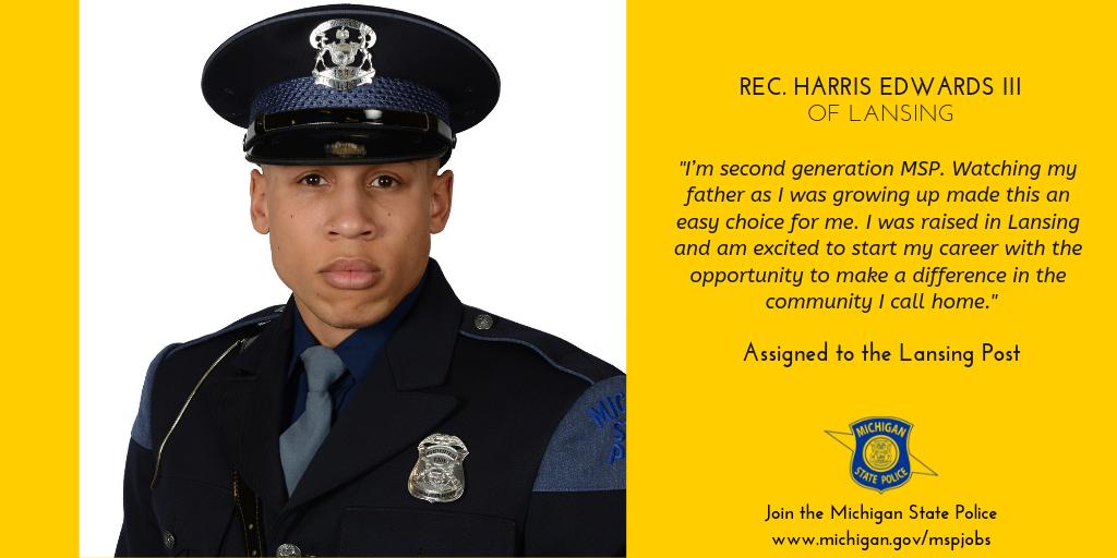 MichStatePolice's tweet photo. There is no singular experience, upbringing or education that makes a trooper. Each is as diverse as the job they do! Tomorrow, 101 recruits earn their badges. Like Rec. Harris Edwards III. #OneMSP https://t.co/eAh1kiScDP