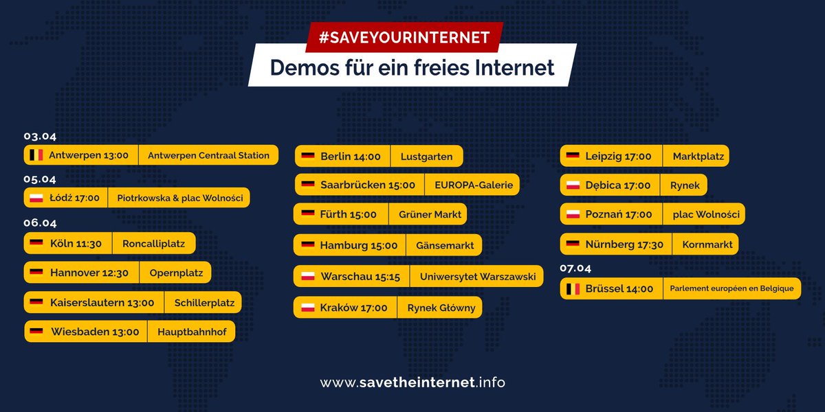 #Artikel13Demo Update! Weitere Städte werden bald aktualisiert! #Artikel13 #Uploadfilter #savetheinternet #SaveYourInternet Hinweis: Nicht alle Demos werden von uns veranstaltet! Zusammen sind wir stärker! Demos für ein freies Internet.