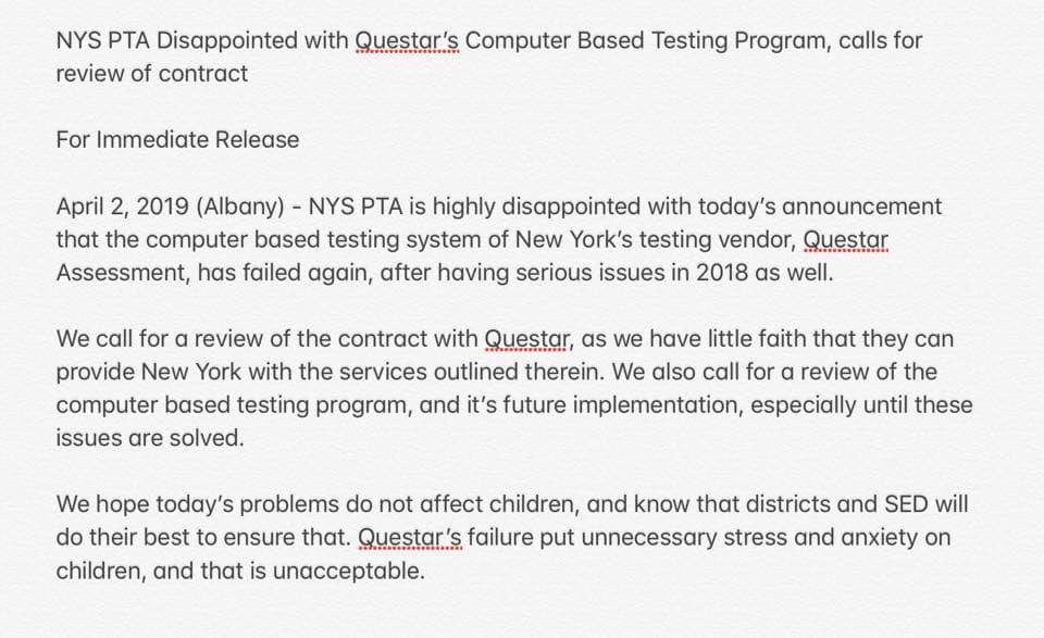 PellegrinoNY9's tweet photo. 📣 Released from @NYSPTA regarding another debacle of CBT Program on Day 1 of NYS ELA 3-8.
These tests continue to be the antithesis of good educational practice.
NYS spends MILLIONS OF TAXPAYER DOLLARS on this vendor.
We deserve better than this!
#OptOut2019 https://t.co/WwUpjZYsf6