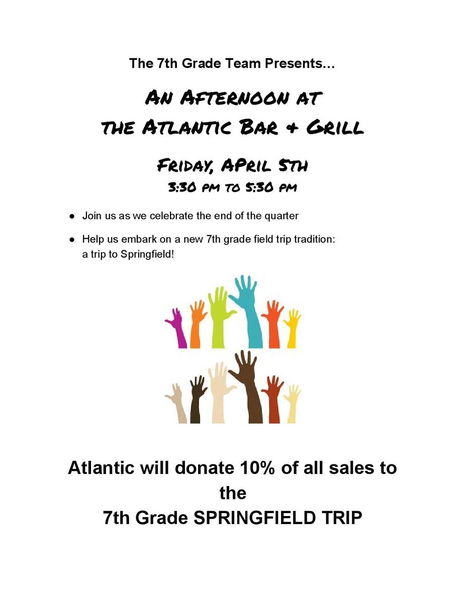 BudlongChicago's tweet photo. This Friday help the 7th grade class raise funds for trip to Springfield  Just go to @CHI_AtlanticBar on Friday, 3:30-5:30pm! @PrincipalNaomi #budlongbeautiful https://t.co/OpnWSnvnrv