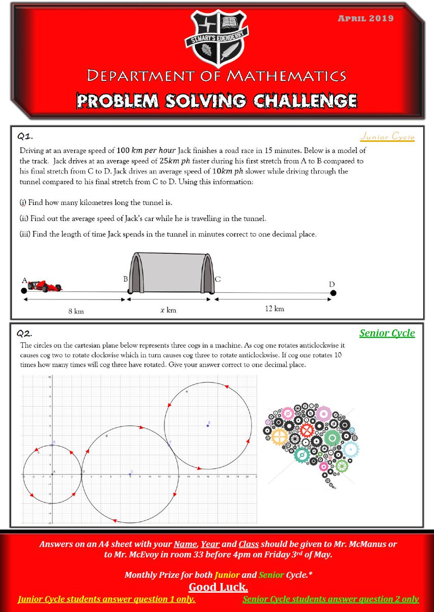 SMESecondary's tweet photo. This month's Maths Department Problem Solving Challenge. Entries to Mr. McManus or Mr. McEvoy before 4pm on Friday 3rd May. #STEM #Maths #ProblemSolvingChallenge #SpeedDistanceTime #Circle https://t.co/gmhjQPS3yE