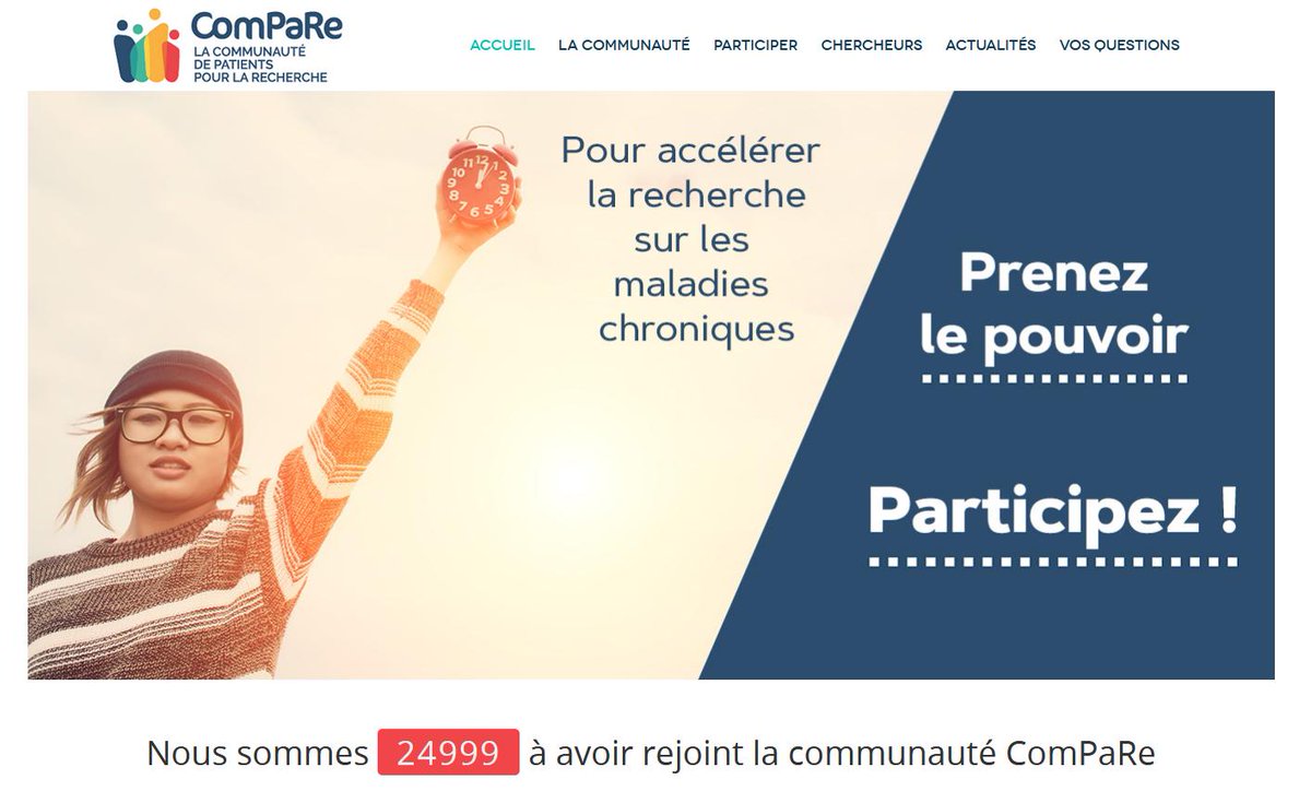 PatientsComPaRe's tweet photo. 24999 !!! Bientôt 25000 patients contribuant via internet à l'accélération de la recherche médicale sur leur maladie chronique. 
Participez vous aussi. Quelques clics suffisent, quelque soit votre maladie.
Rejoignez-nous 👉 https://t.co/5JkWcsaX5u ! https://t.co/Rs9DBVH7cO