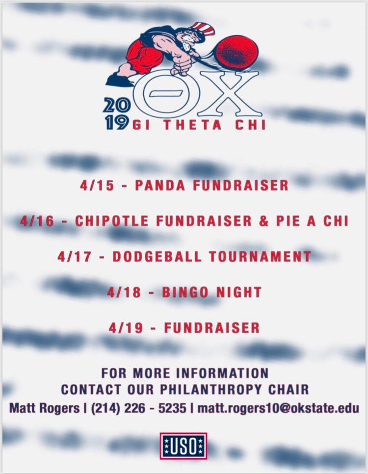 okstateThetaChi's tweet photo. We’re only two weeks away from our chapter’s G.I. Theta Chi week! Contact our page directly for information on signups and please consider donating to USO! 🇺🇸🇺🇸🇺🇸

https://t.co/Hj4WT71POD https://t.co/oFdKIHmXi9