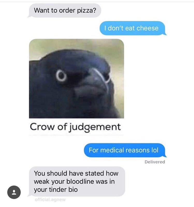 DATEnhance's tweet photo. The crow of judgement has spoken 🤷🏻♀️😂 What are your online dating deal breakers?
#DatingAround #tinder #TinderBioTuesday #bumble #bumblebae #datingapps #datingadvice https://t.co/gYYPnPoy8B