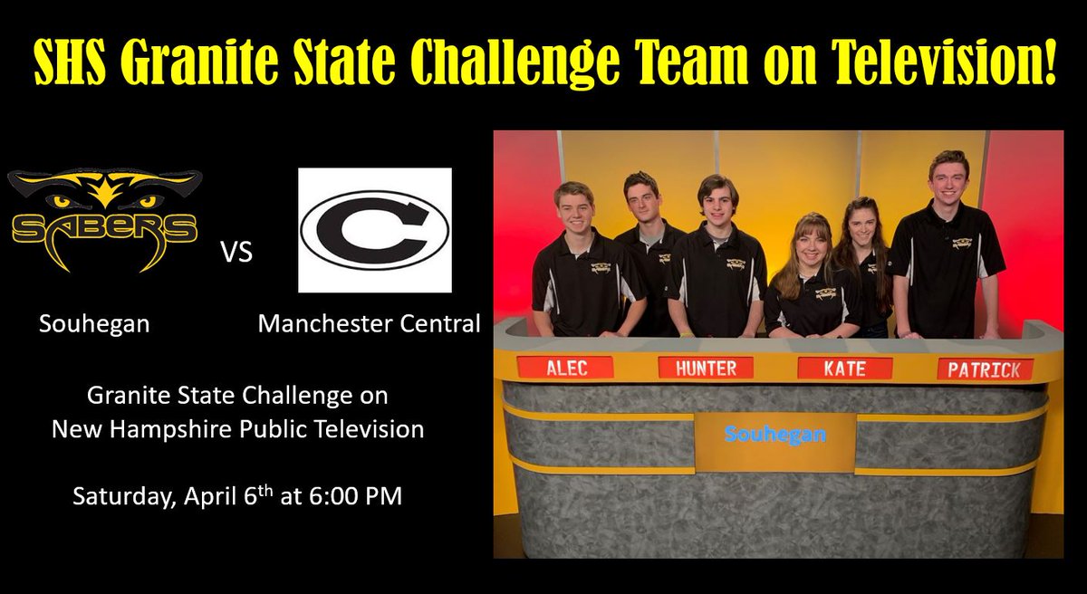 SouheganHS's tweet photo. Souhegan High School Granite State Challenge team takes on the Manchester Central Little Green! Tune in this Saturday at 6 pm to support the team while they test their academic knowledge! #granitestatechallenge #gosabers https://t.co/Ywp68g8L2C