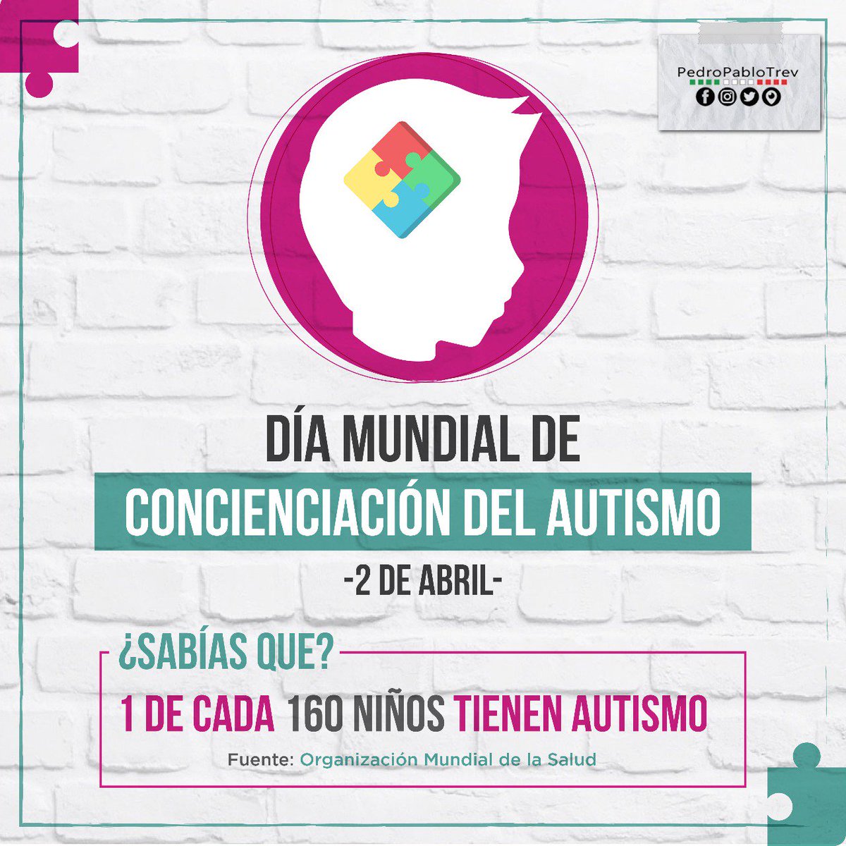 PedroPabloTrev's tweet photo. Las causas del #autismo se desconocen, pero con tratamiento terapéutico personalizado y especializado, quienes lo manifiestan logran incrementar su calidad de vida. #IluminemosDeAzul #Autismo #AbrilMesdelAutismo #DíaDeLaNarizAzul #UnidosPorElAutismo https://t.co/uU9KrtTXVI