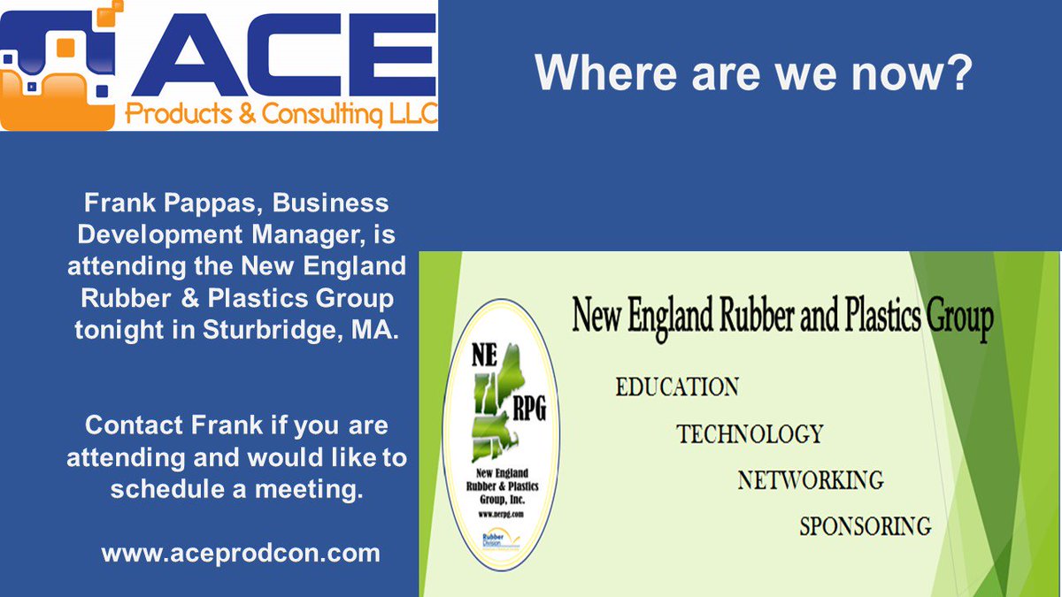 Frank Pappas, Business Development Manager, is attending the New England Rubber &amp; Plastics Group Technical Meeting tonight in Mass. Say hi to Frank and see how ACE can help your business. #RubberTesting #RubberLab #RubberTraining #MakingRubberSexy #NERPG