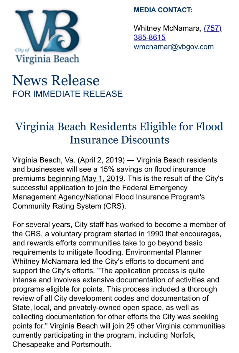 mechelleh's tweet photo. Virginia Beach, the state’s largest city, joins the FEMA program that gets flood insurance policy holders discounts on it. Good timing since most flood insurance customers in the state are there (and most claims come from there, too) https://t.co/yFk4L5ni2W