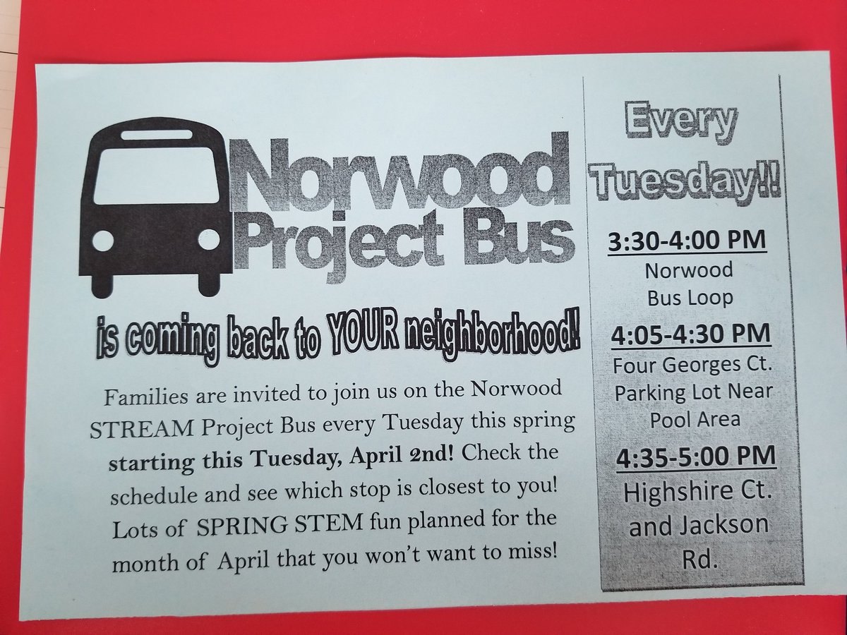 Nicky_Fields_'s tweet image. ATTENTION @NorwoodES Families! Don't forget to come check out the #ProjectBus today for our first spring outing into the neighborhood! Come join us for family STEM fun today (Hint, hint- there will be JELLYBEANS)