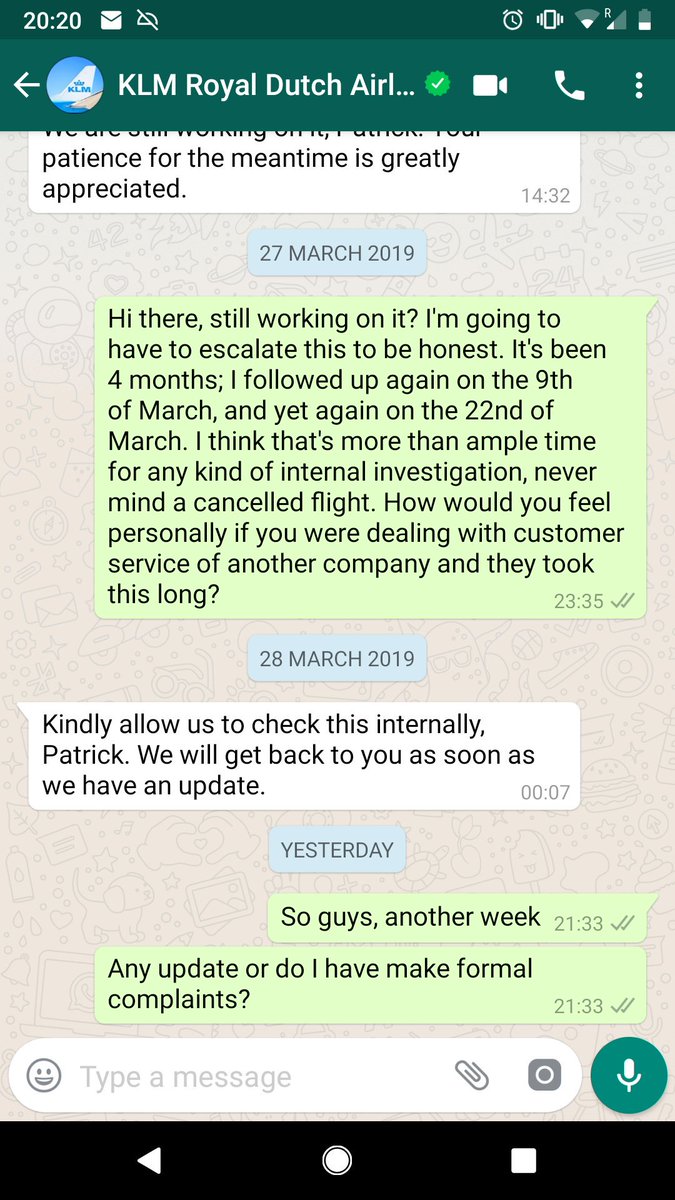 CluEleSs_UK's tweet photo. Taking it to public Twitter, because I've been ignored by @KLM on phone, WhatsApp and Twitter. Over 4 months now without my refund from a cancelled flight, and nothing but 'we're looking into it'. Where can I lodge meaningful complaints? https://t.co/hdEl8yAgQA
