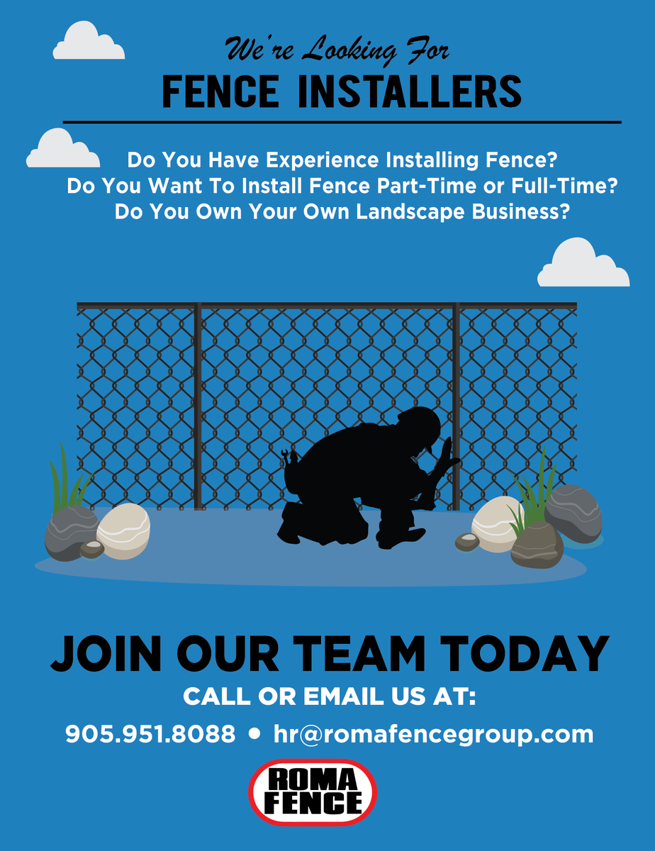 RomaFence's tweet photo. We're growing our team! Have experience installing fence? Come join our installation team and be apart of the Roma Fence Family! #fence #installation #jobs #hiring #fenceinstaller #jobscaledon https://t.co/V7u9wNxUdq