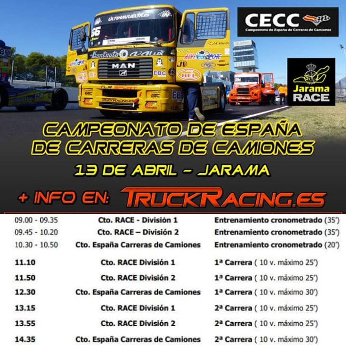 TruckRacing_es's tweet photo. #WeLoveTruckRacing 
¡¡¡10 días para el arranque del #CECC!!!
El nuevo Campeonato de España de Carreras de Camiones arrancará el 13 de abril en el @circuito_jarama!
¿Aún no tienes tus entradas? 

¡Entra aquí  https://t.co/TI5iLx4AfO y cómpralas!

#Jarama #JaramaRACE #TruckRacing https://t.co/6fVQk2VdBk