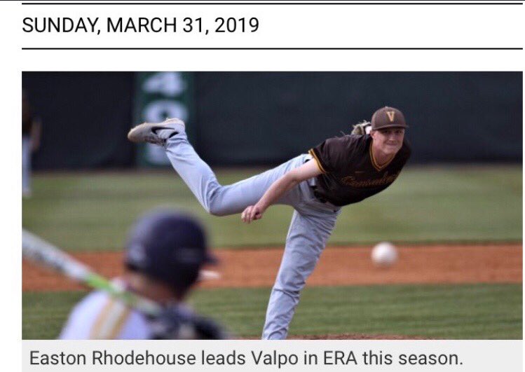 Easton Rhodehouse leading in ERA this season at Valpo!  Our Wizards are representing in college!!
