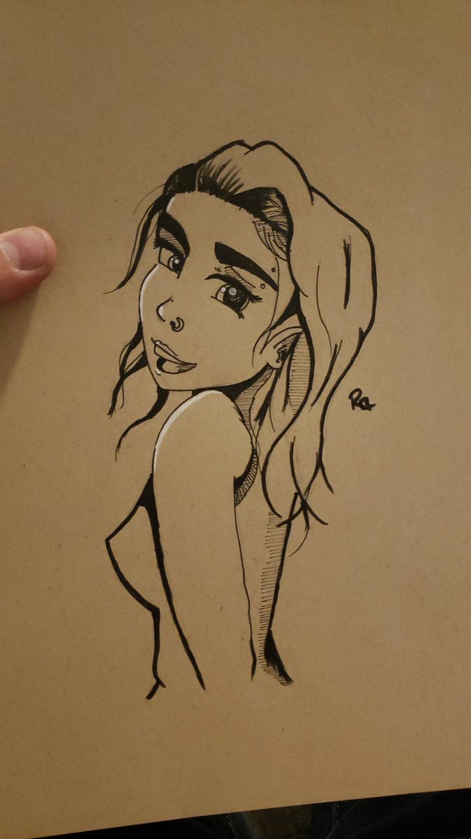 decafpillow's tweet photo. Inking submission for #PubDraw @babsdraws @Marisha_Ray I saw this pose someone else did and had to try something new for my inking. I also went and got some new paper to try out my white gel pen for highlights. #inkingishard https://t.co/e2B2MvSu9C
