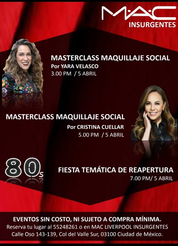 Instituto_CC's tweet photo. Este 5 de Abril te invitamos a la reapertura de Mac Cosmetics Insurgentes! Tendremos una masterclass con Cristina Cuéllar a las 5pm ✨👏

Reserva tu lugar al 5524 8261 o directamente en Mac Liverpool Insurgentes en Calle Oso 143 - 139, Col. Del Valle Sur 😉 https://t.co/SszyepuuEG