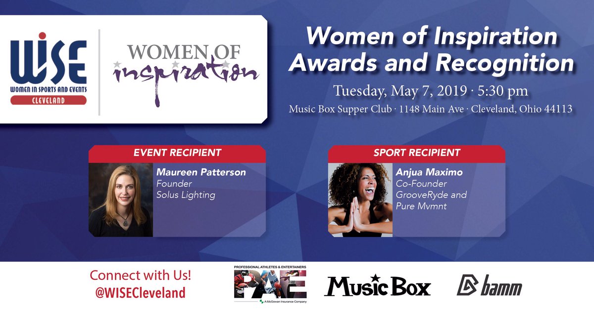 We are excited to announce the 2019 Women of Inspiration Award Winners! 

Event Recipient: Maureen Patterson - Founder, <a href="/soluslighting/">Solus Lighting LTD</a> 

Sport Recipient: Anjua Maximo - Co-Founder, <a href="/GROOVERYDE/">GrooveRyde®</a> &amp; Pure Mvmnt

Join us on May 7th as we honor these ladies! Register with link in bio!