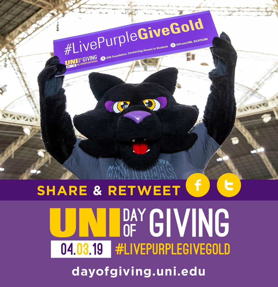 GiveToUNI's tweet photo. Unlock two #LivePurpleGiveGold challenges first thing today!
✅ Make a gift at https://t.co/tFz531PcA9. Once we reach 1,200 donors, an alum will make a $12,000 gift to UNI.
✅ Derek '02 and Aaron-Marie of Marion will match each retweet of this post with a $10 gift, up to $2,000. https://t.co/trx8IzFTHk