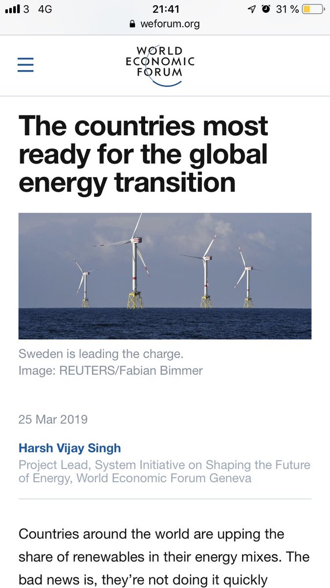 LorentzTovatt's tweet photo. En hint om hur utdaterad M:s nyvunna kärnkraftsvurm är kom bara för några dagar sen då World Economic Forum rankar Sverige som det landet i världen som lättast kommer nå 100 procent förnybart. https://t.co/lO1geaoHtP
