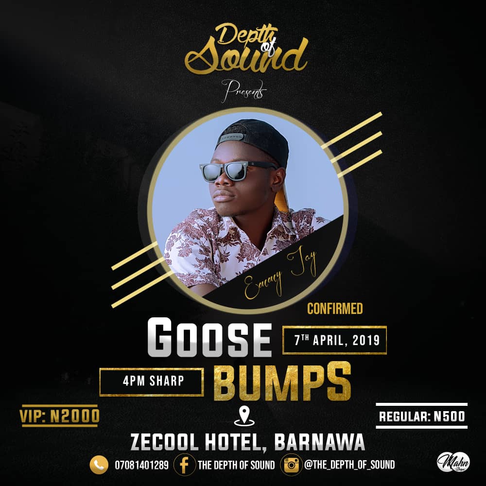 MadeInKrockCity's tweet photo. Emmy Jay @EmmyJay45 will be live and performing at the Depth of Sounds Concert 💯

G O O S B U M P S 🎀

April 7th, 2019 || 4:00pm
Zeecool Hotel, Burnawa, Kaduna 

Regular: N500
VIP: 2000 https://t.co/aHnLo8EkiF
@thisis_DOS