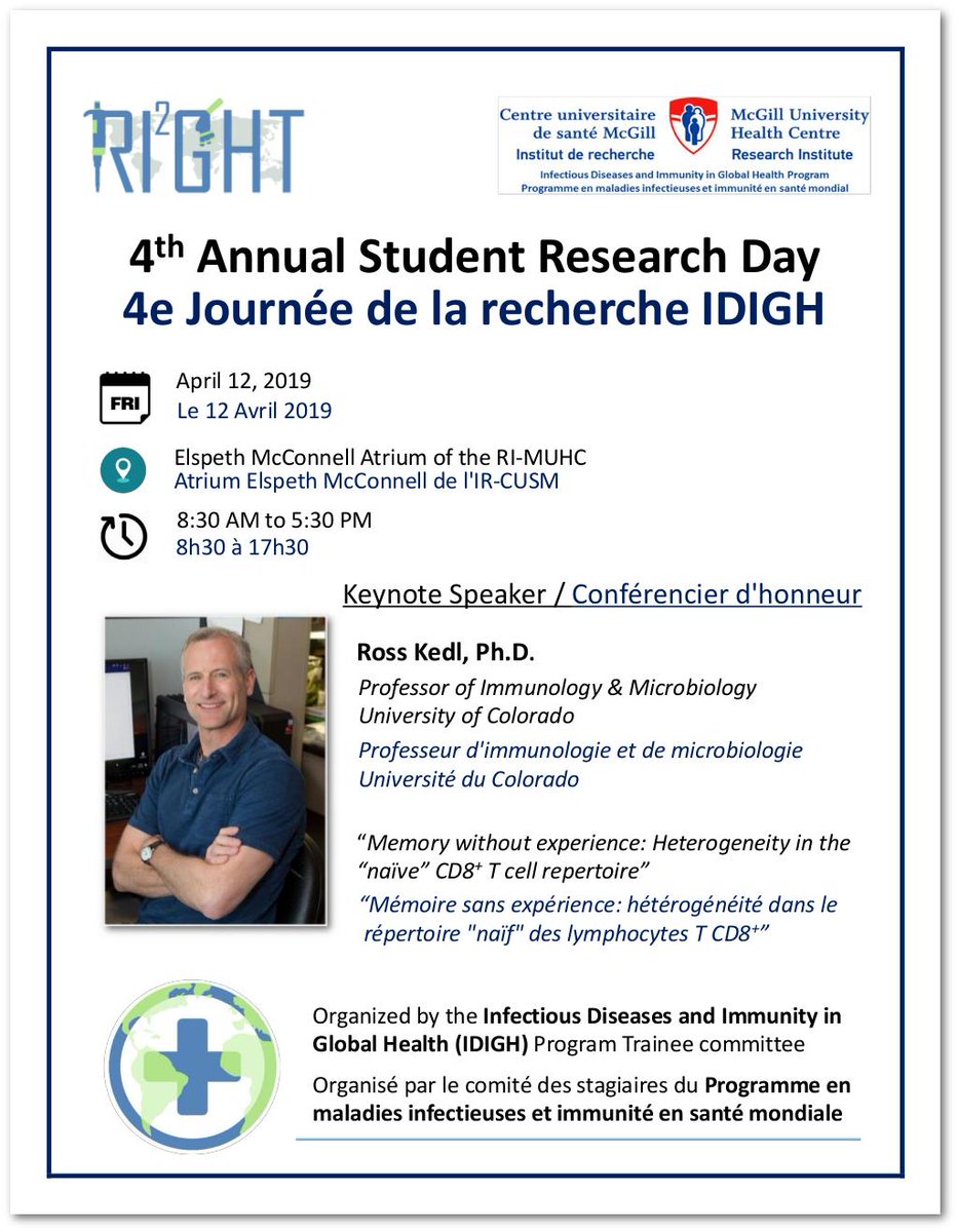 The IDIGH Research Day is on next week (April 12). The full scientific program is now available online at IDIGH.ca. Many vendors will be in the atrium, see the full list in the images.   Special thanks to VWR and Merck (major sponsors).
