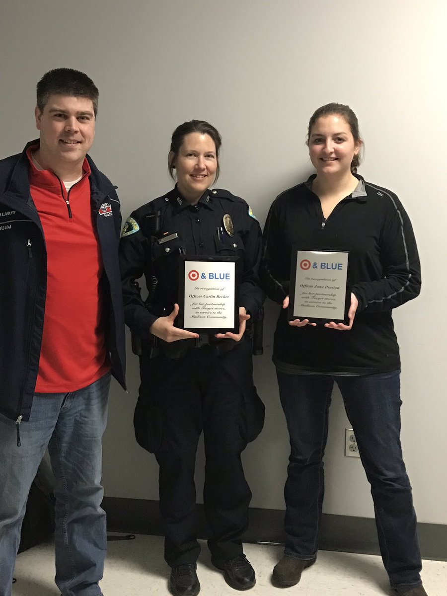 JoeFrHall's tweet photo. Brandon had the great opportunity to present two fantastic MPD officers with plaques for their amazing dedication to resolving retail theft in the Madison area!! #Partnerships #Target&amp;Blue @nagel_bryan @Kfrick1 @madisonpolice https://t.co/MuWsffVXUJ