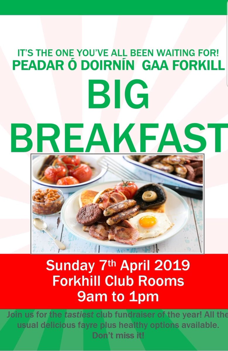 Forkhill present Big Breakfast Sunday 7th April serving from 9am - 1pm. All welcome please RT @MullaghbawnGAA @drominteegac @KilleavyGAA @SilverbridgeGAA @crossrangers @StPatsChannaGFC @derrynoosegac @DestNewry @Msportsrecovery @StjoesPE_Sport 🍽☕️