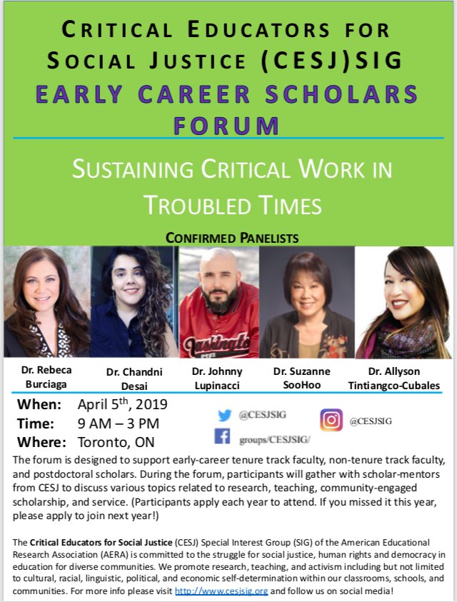 CESJSIG's tweet photo. Thank you Dr. Burciaga @suzisoohoo @pinayism @JohnnyLupinacci @chandni_desai4 for being panelists for the Early Career Scholars Forum. (Selected participants have been emailed. If you didn’t apply this year please apply next year!) #cesjsig #aera19 #CriticalScholarsTroubledTimes https://t.co/z9ajH3uSa2