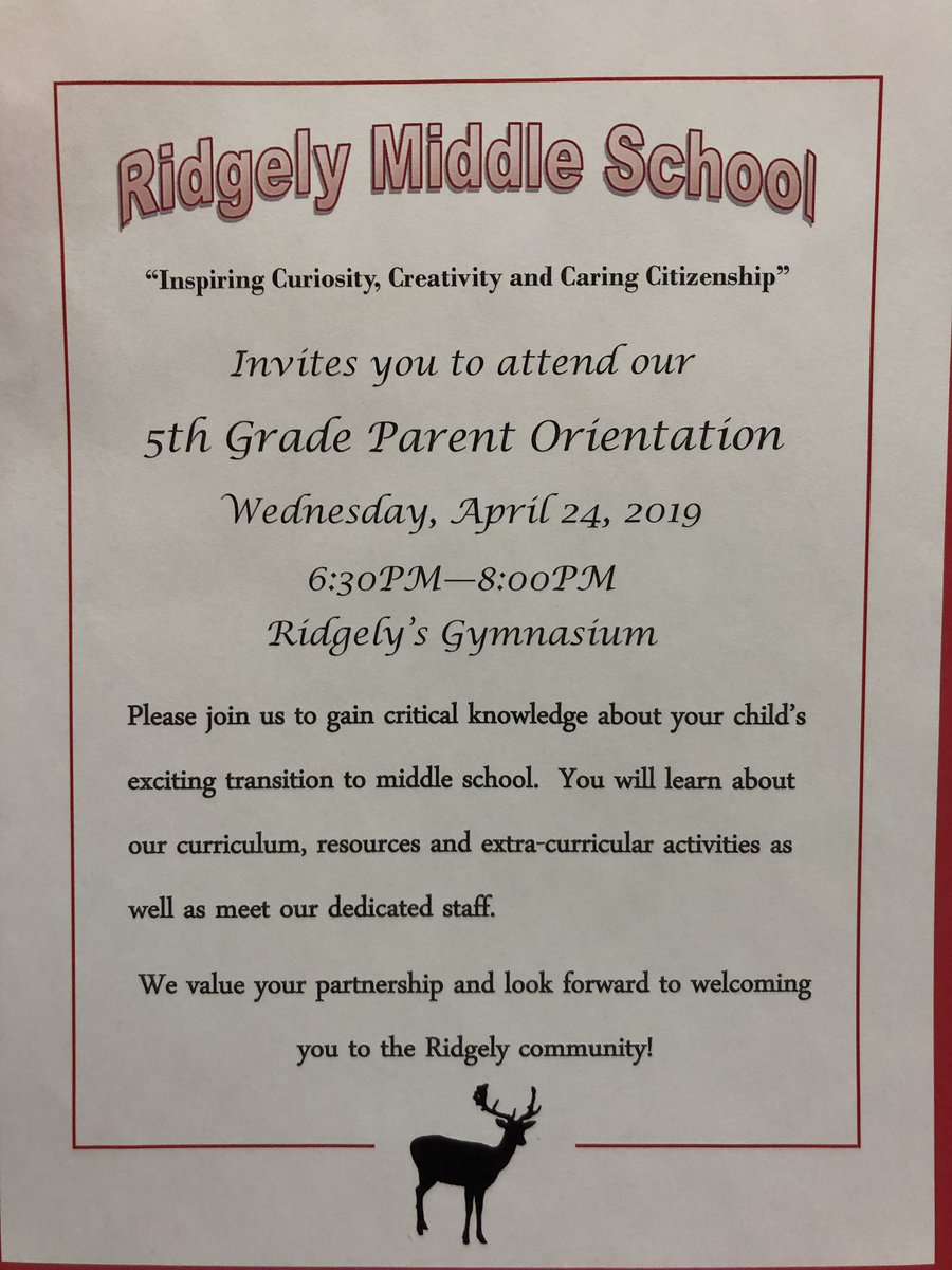 For all families of MCES 5th graders in the Ridgely MS district-    mark your calendars for their annual Parent Orientation-Wednesday night , April 24th. See the attached flyer! <a href="/Team_MCES/">Mays Chapel ES</a>