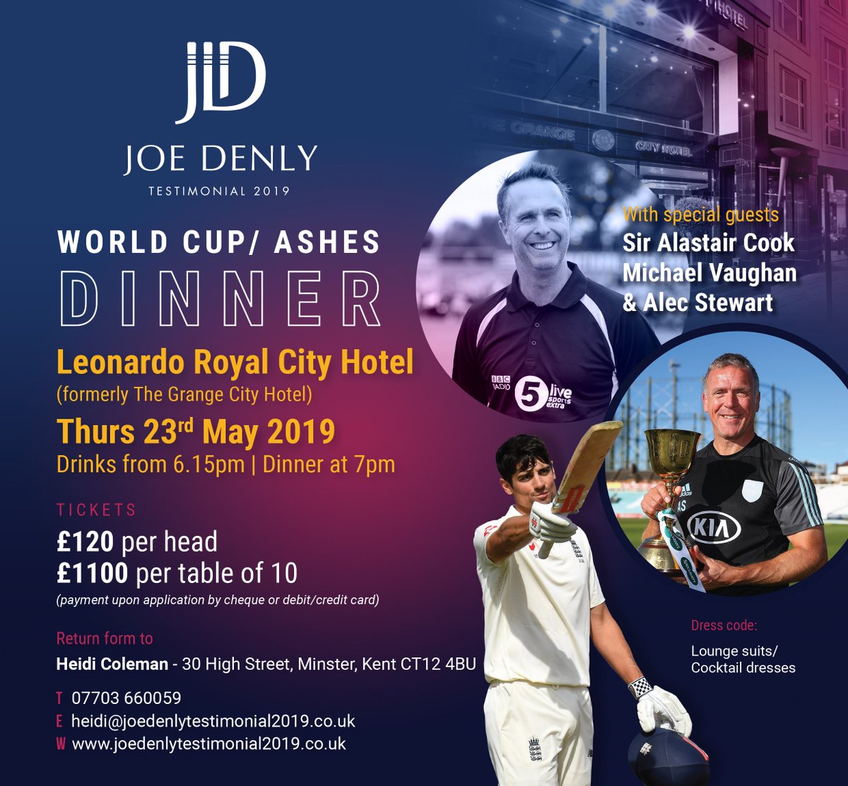 joedenly2019's tweet photo. Some great events to look forward to supporting @joed1986 for 2019. Including our pre World Cup &amp; Ashes dinner @GrangeHotels with Sir Alastair Cook, @MichaelVaughan &amp; @StewieCricket
Supporting @LordsTaverners &amp; @CricketersTrust 
#joedenly2019 #SportingChances #wetakecareofourown https://t.co/UfVOFuprnQ