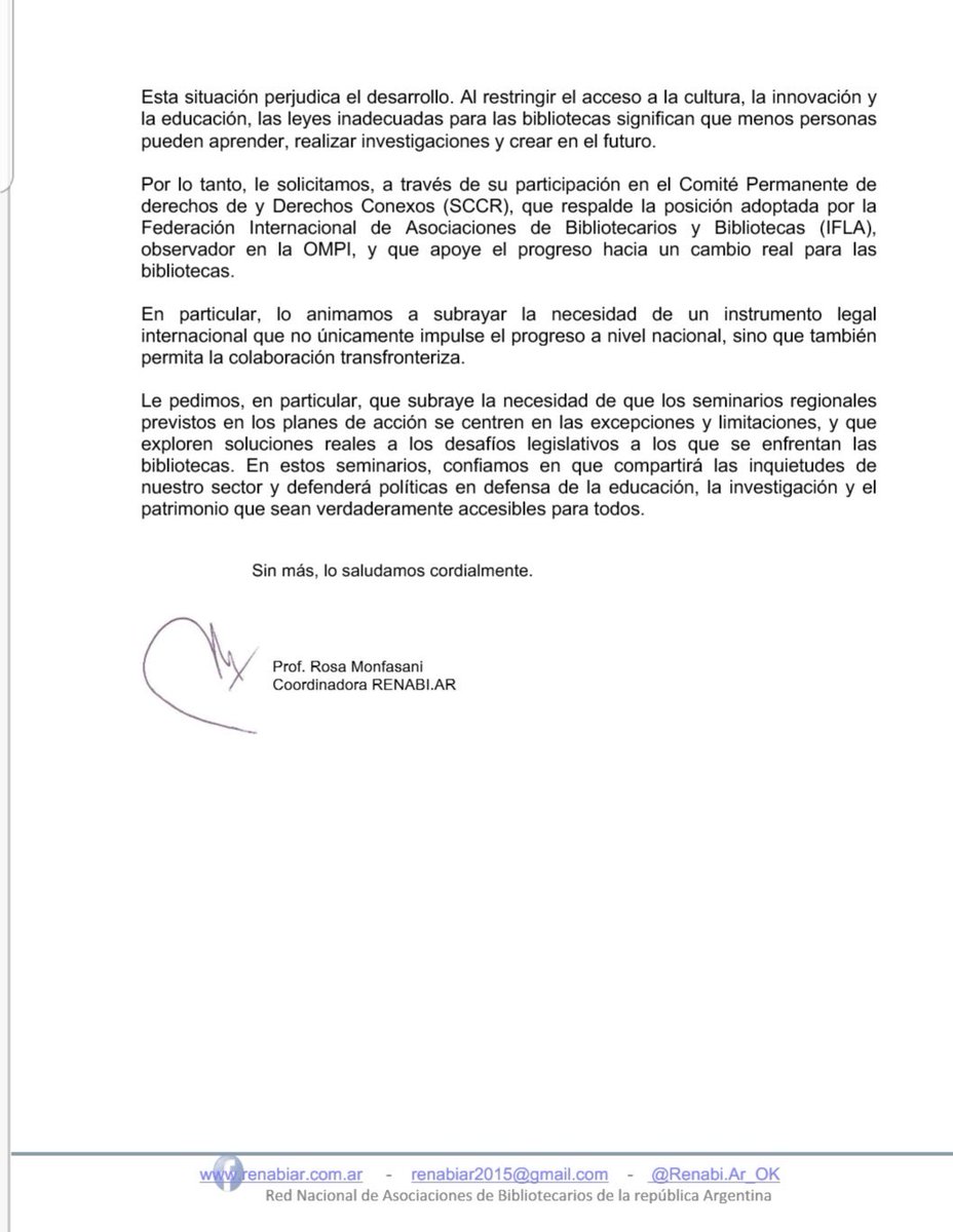 RenabiAr_Ok's tweet photo. #RENABIAR presentó nota en relación al trabajo de @OMPI sobre las #limitaciones y #excepciones al derecho de autor para #Bibliotecas. 
#BibliotecariosAlSenado
@pabloavelluto
@GustavoSchotz
@IFLA
@WIPO
#SCCR 
@GPSalmeron https://t.co/T6i0hFcO5y