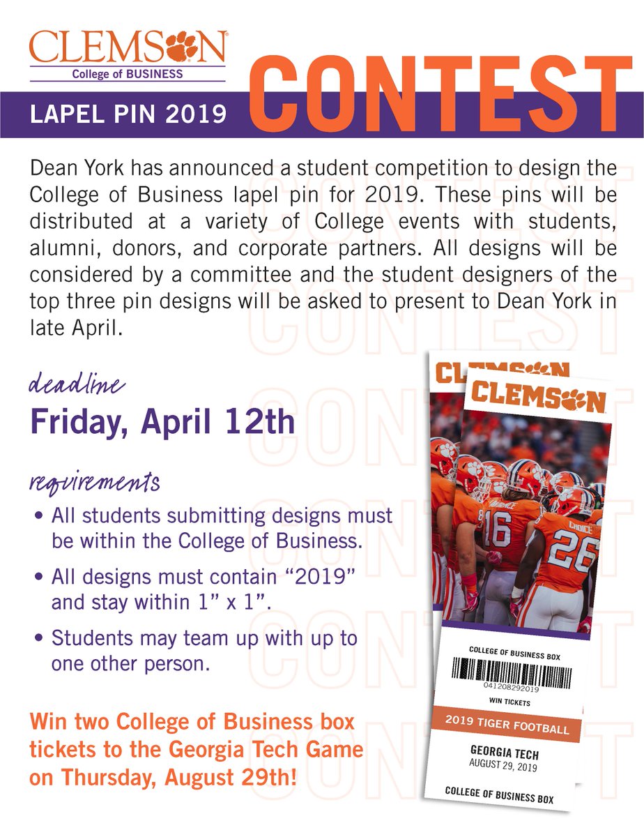 clemsonbusiness's tweet photo. Have you entered the Lapel Pin Contest? Send all submissions to cubusiness@clemson.edu #ClemsonMeansBusiness https://t.co/VqVQBYOpk7