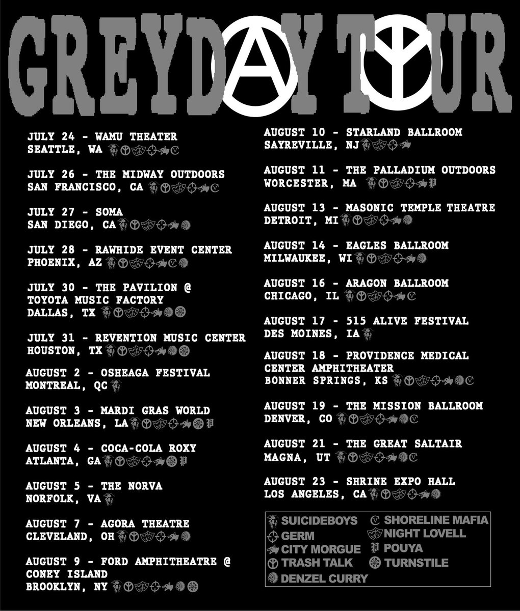 suicideLEOPARD's tweet photo. Come join us at the first annual annual Grey Day Tour! Live from the underground to the amphitheater!

Tickets on sale this Friday @ 10:00 AM ET

***NOT ALL ARTISTS ARE PLAYING EVERY SHOW. PLEASE USE THE INFO PROVIDED WHEN ORDERING TICKETS*** https://t.co/uhdrFwBTru