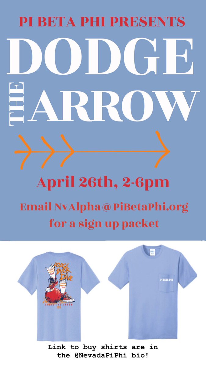 It’s time to sign up for our annual philanthropy event, Dodge the Arrow! Email NvAlpha@PiBetaPhi.org for a sign up packet, and check out our bio to buy a shirt💙 #ReadLeadAchieve