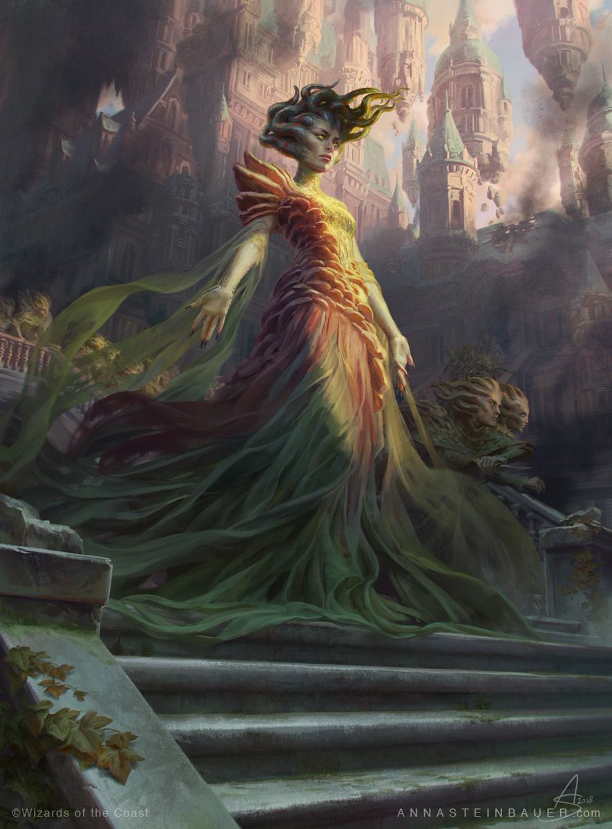 depingo's tweet image. Vraska, Swarm’s Eminence for #MTGWAR 🐍 AD: Taylor Ingvarsson 🖤💚 The card frame hides all my favorite parts of this painting, so I’m excited to show you the full art! Prints available at inprnt.com/gallery/deping…
