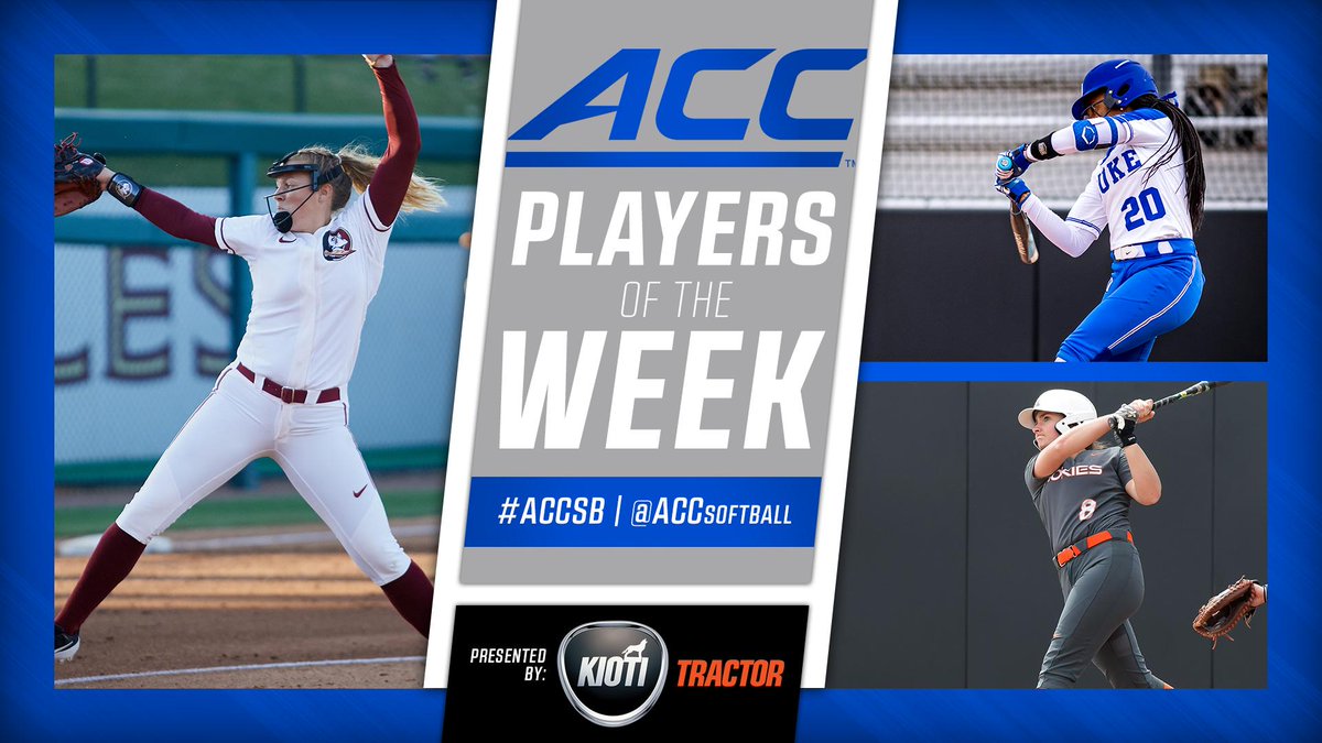 The #ACCSB Players and Pitcher of the Week are here!

Co-Player - Kristina Foreman, 3B <a href="/DukeSOFTBALL/">Duke Softball</a>
Co-Player - Kelsey Bennett, 3B <a href="/HokiesSoftball/">Virginia Tech Softball</a>
Pitcher - Meghan King <a href="/FSU_Softball/">Florida State Softball 🥎</a>
theacc.co/sb19pow0402