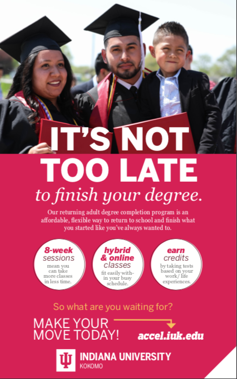 IUKokomo's tweet photo. Do you dream of returning to school to finish your four-year degree? Need evening classes and flexibility? There’s never been a better time than right now! Check out the Accel Program; details in the graphic below or at https://t.co/07eEFbg4b4!
#myiuk #accelprogram #thetimeisnow https://t.co/E01pACXilo