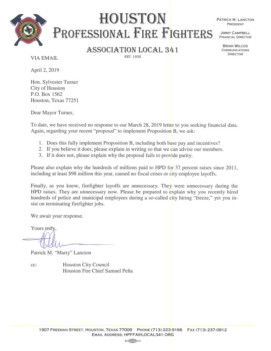FirefightersHOU's tweet photo. A week ago, Mayor @SylvesterTurner publicly offered a dubious "proposal" to partially implement Prop B over five years. We responded and the mayor went silent. Here's our followup letter sent to him and the city council today. #LiftEveryVoice BUT #FollowTheMoney https://t.co/kPVNZ8RrU4