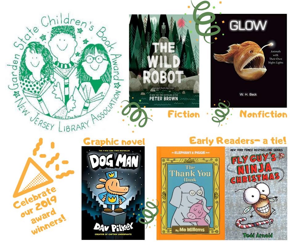 GSCBAnj's tweet photo. Congratulations to the winners of the 2019 Garden State Children's Book Awards! @MoWillems #TeddArnold  @itspeterbrown #DavPilkey @whbeck https://t.co/vJ3Zc9C13l