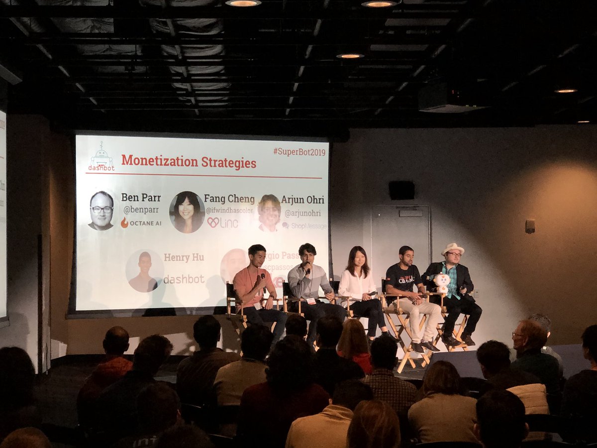 dashbotio's tweet photo. Monetization strategies in conversational interfaces with @benparr @ifwindhascolor @scpassos @ArjunOhri #SuperBot2019 https://t.co/GZq73tftWD