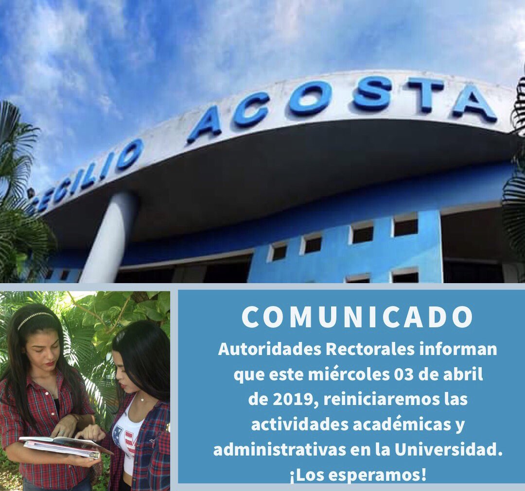 UNICAeduve's tweet photo. #ComunicadoUNICA |
Autoridades Rectorales convocan a toda la comunidad universitaria al reinicio de actividades académicas y administrativas a partir de este miércoles 03 de abril de 2019.
(Sigue el hilo) https://t.co/1fRYNKcmjK