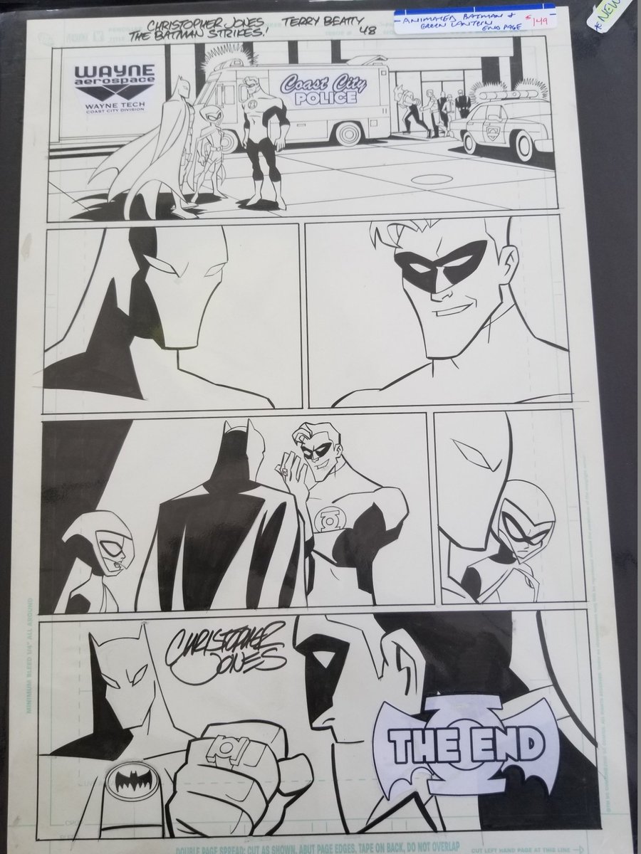 ChrisJonesArt's tweet image. In this page from a #BatmanStrikes story featuring #GreenLantern you can see the paste-up logos that I created and then gave to inker Terry Beatty to apply after the inking was finished.
