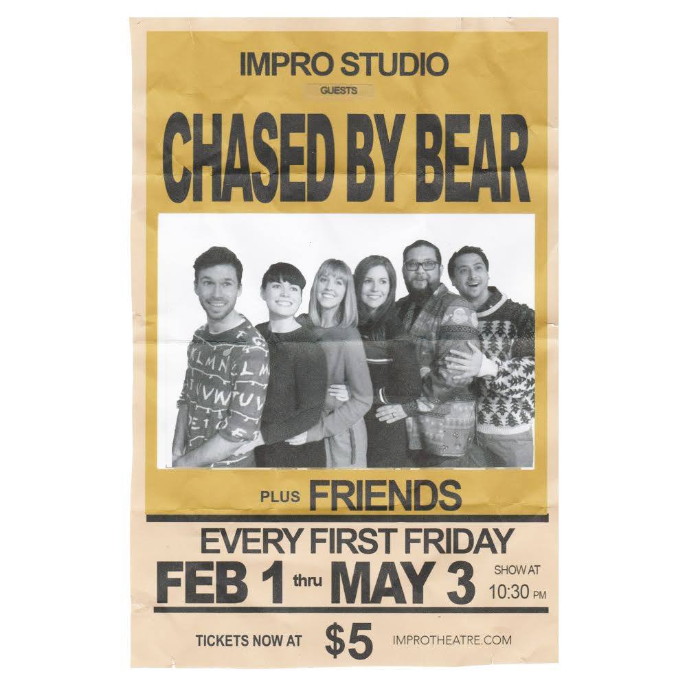 Catch Chased By Bear and Friends, this Friday at 10:30PM!

CBB enacts the dramas and absurdities of everyday life, in the form of an improvised one-act play created right before your theatre-nerd eyes!

For tickets &amp; more information: ow.ly/5A5Q50oTXji
#Improv #Friday