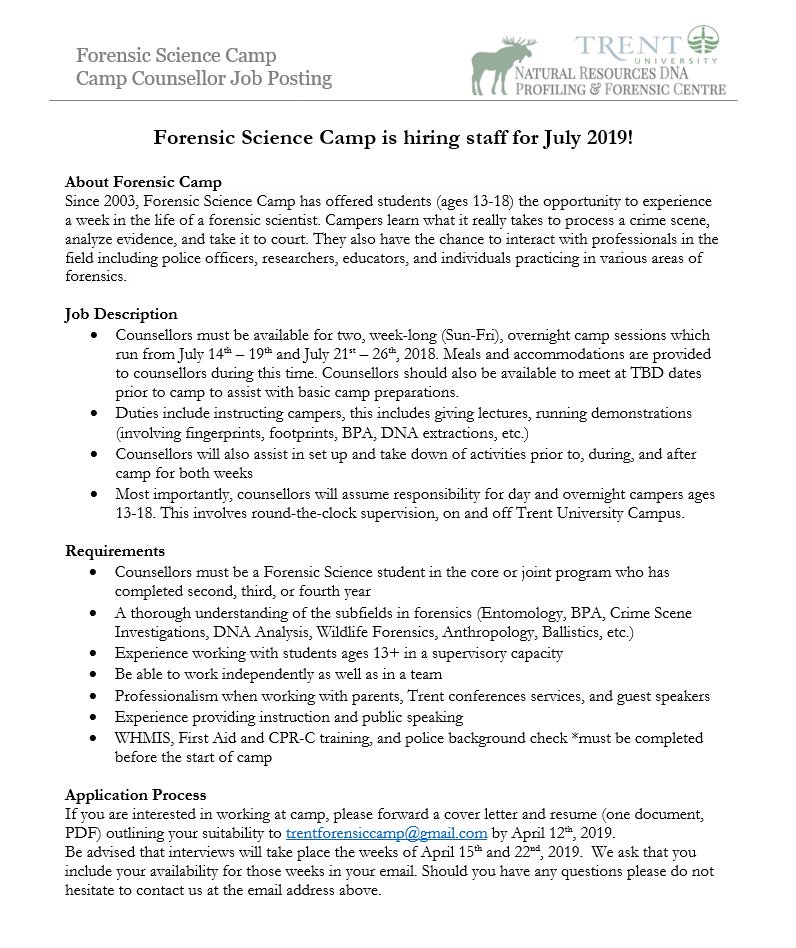 forensiccamp's tweet photo. Calling all Trent students 2nd Year and beyond! We're hiring for camp counselors! Come join our team this summer!  See attached image for details. https://t.co/GAVBVb3hhx