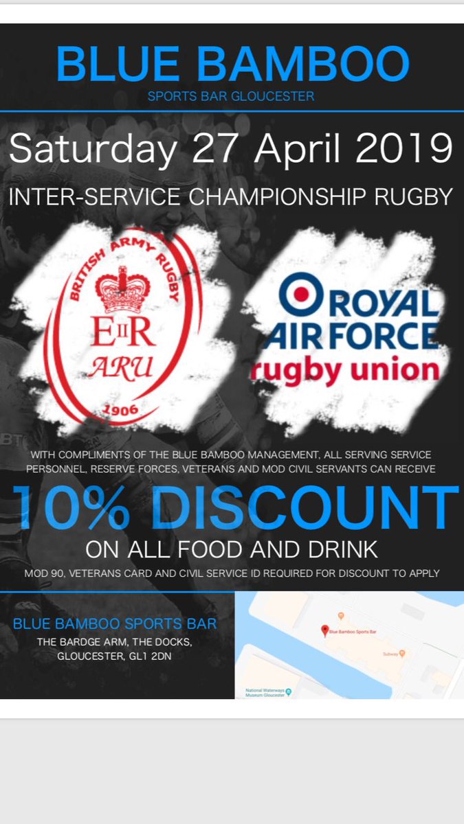 BlueBambooBar's tweet photo. #wdyt #bluebamboo #sportsbar #gloucester #discount #army #raf #interservice #rugby https://t.co/2wclJm6WMz