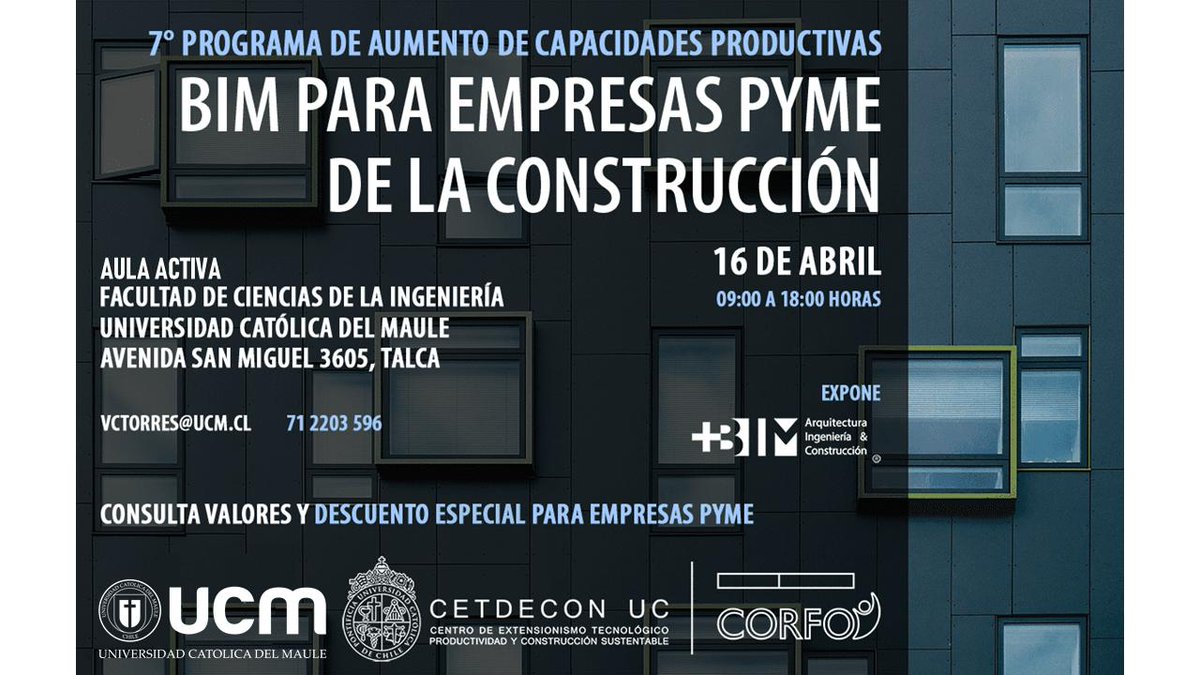 FCI_UCM's tweet photo. Una gran oportunidad para las #PymeConstrucción de la región del Maule. @CETDECON_UC te invita a participar de nuestro servicio "BIM Para #PymeConstrucción". En conjunto con nuestro co-ejecutor @ucatolicamaule, contáctanos y participa #corfo #CentroExtensionismo #UCM https://t.co/3HG31o3fuo