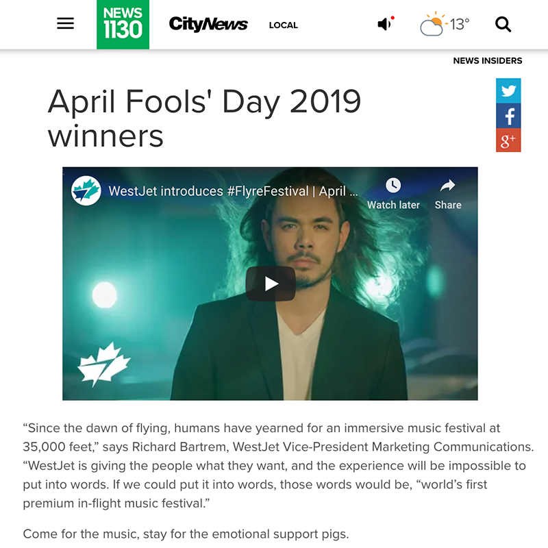 UnifiedContent_'s tweet photo. Come for the music, stay for the emotional support pigs. @WestJet's April Fools' Day video, directed by our very own Bryan Reid, has over 1.5 million views and has made it onto the 2019 April Fools winners list! Check it out  https://t.co/O81wp5HYrj @CityNews https://t.co/nu7xNFTxum